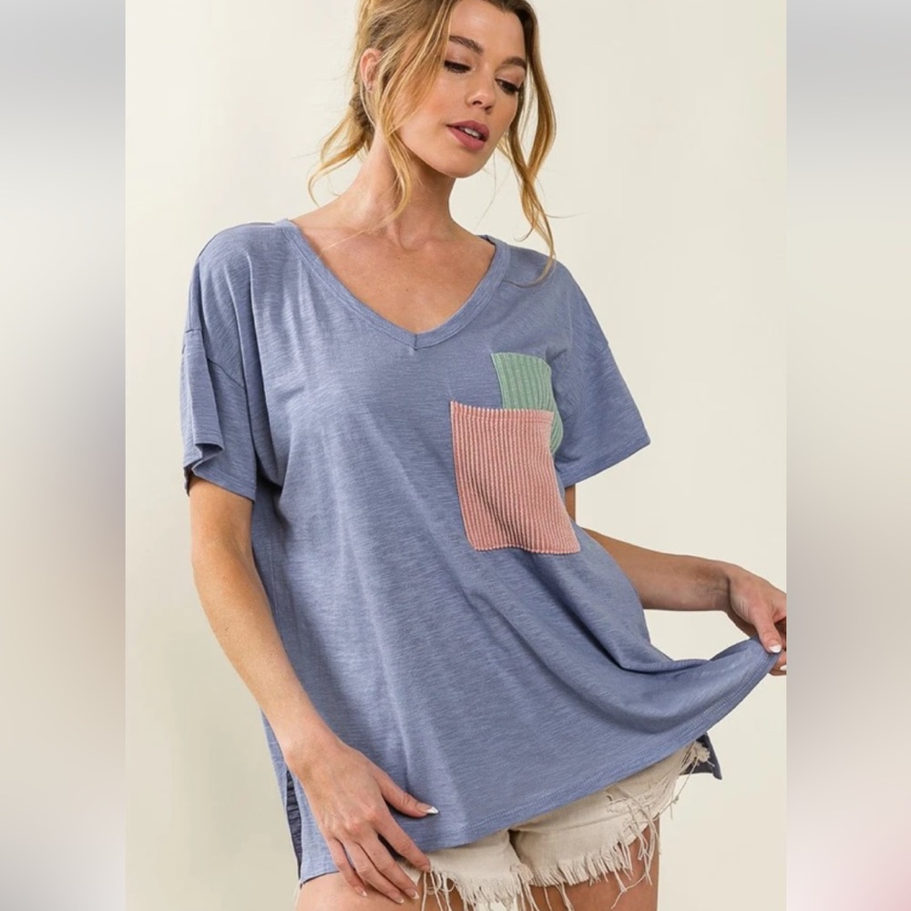 BiBi Blue V-Neck Tee with Pink & Mint Pocket